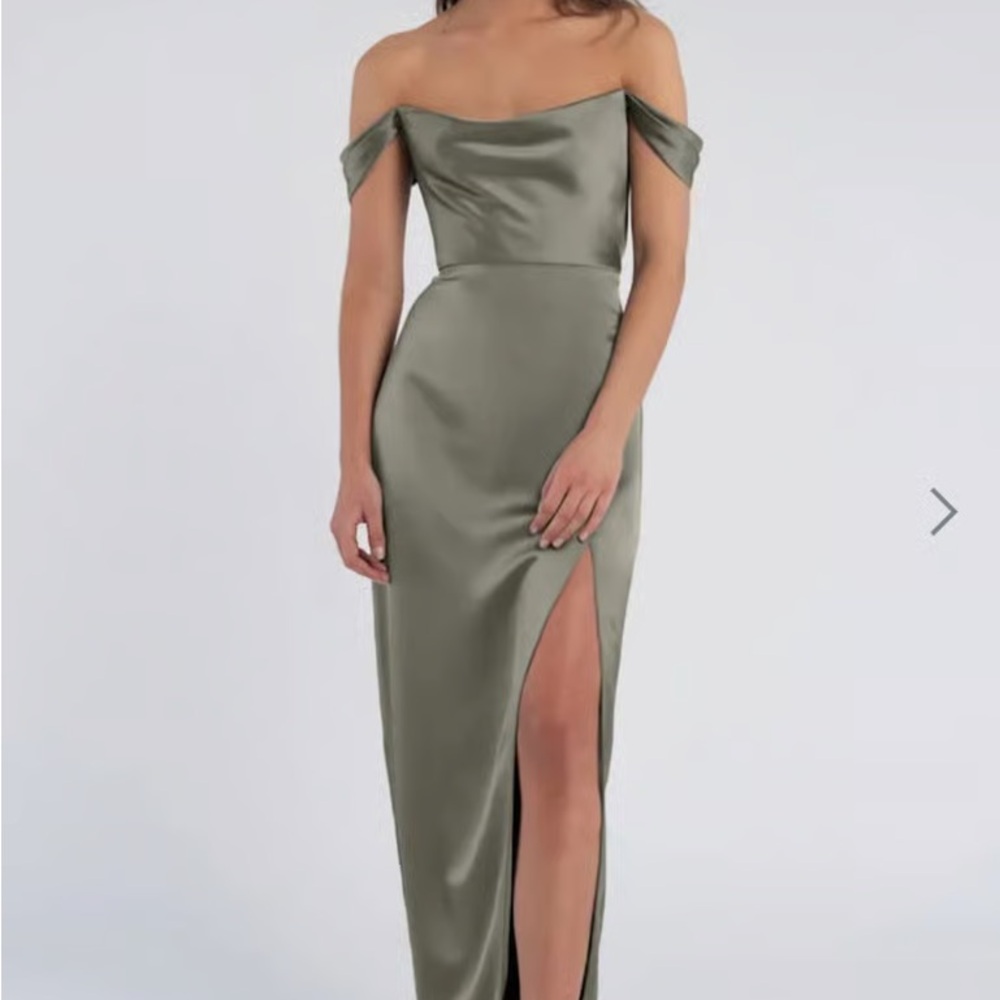 Jenny Yoo One-Shoulder Satin Gown in Olive Green